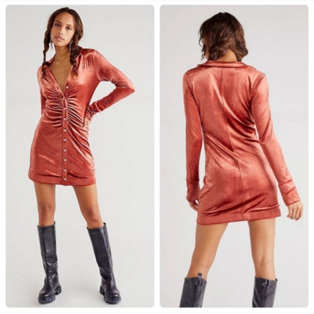 Free People Shayla Burnt Orange Velvet Mini Dress Terracotta Size Small NWT